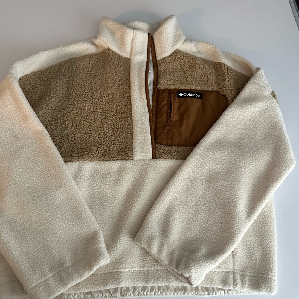 Columbia Cream and Brown Sherpa Half-Zip Fleece Pullover